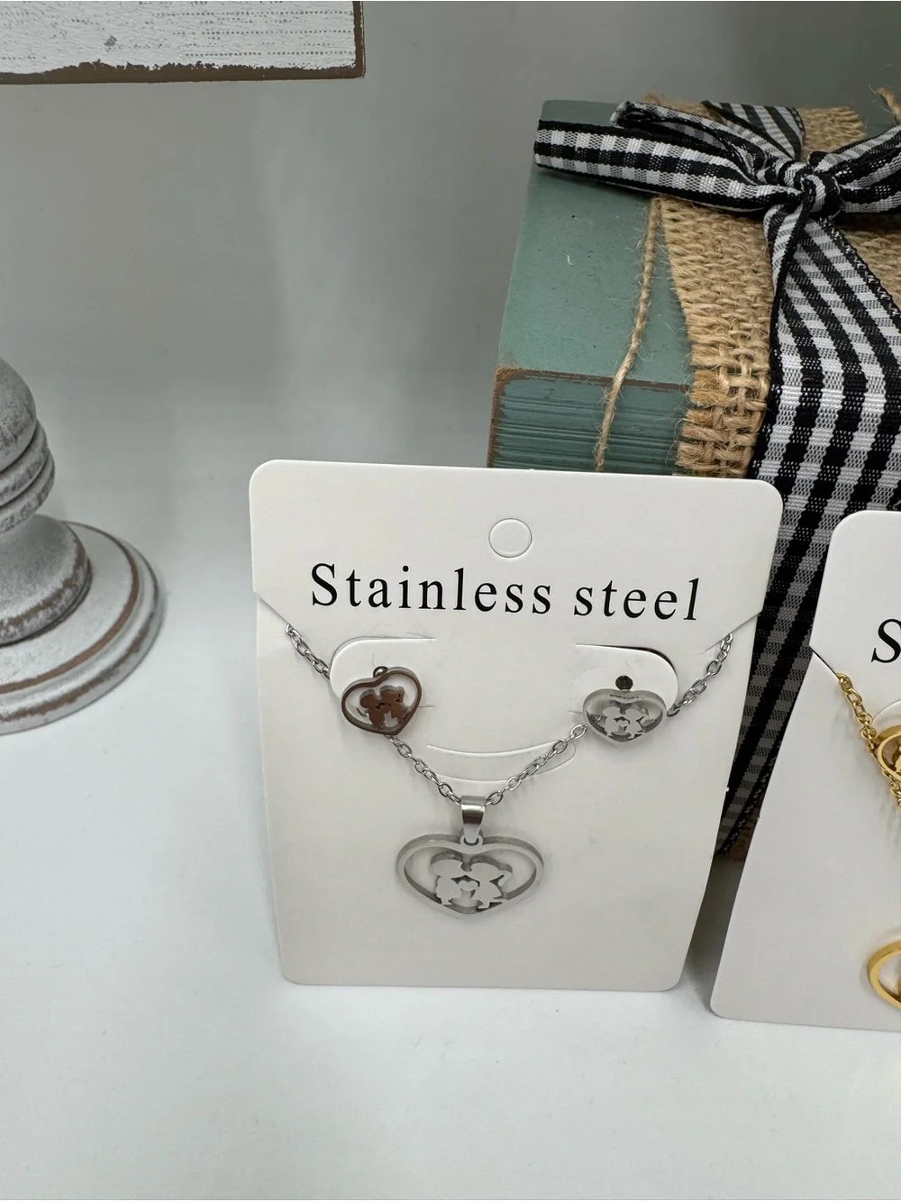Sweetheart Boy/Girl Earring and Necklace Set - Silver or Gold - Stainless Steel